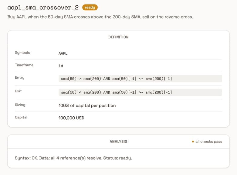 The saved aapl_sma_crossover_2 strategy: symbols AAPL, 1d timeframe, entry and exit expressed as SMA-crossover conditions, 100% of capital per position, 100,000 USD capital, and an analysis panel reporting that syntax is OK and all four data references resolve